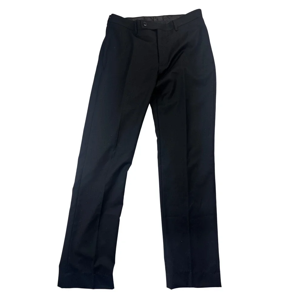 Black 100% Wool Dress Pants Flat Front Trousers 31S Mens Business Formal